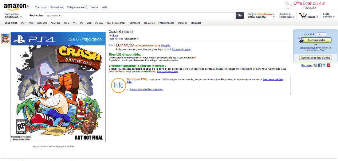 Crash Bandicoot PS4 Amazon Listing